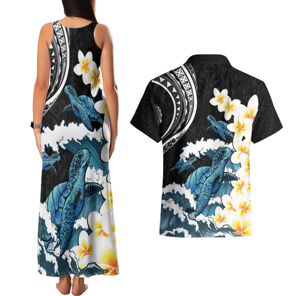 Black Polynesia Couples Matching Tank Maxi Dress and Hawaiian Shirt Polynesian Frangipani With Sea Turtles