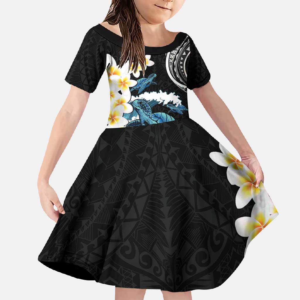 Black Polynesia Family Matching Summer Maxi Dress and Hawaiian Shirt Polynesian Frangipani With Sea Turtles