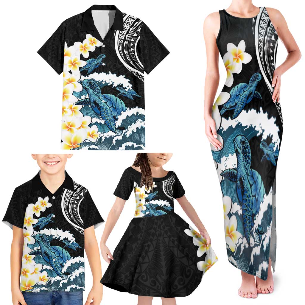 Black Polynesia Family Matching Tank Maxi Dress and Hawaiian Shirt Polynesian Frangipani With Sea Turtles