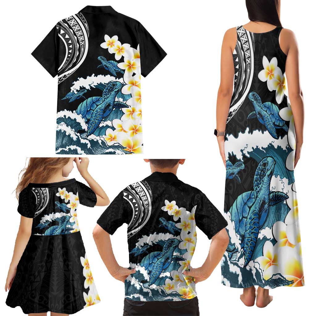 Black Polynesia Family Matching Tank Maxi Dress and Hawaiian Shirt Polynesian Frangipani With Sea Turtles