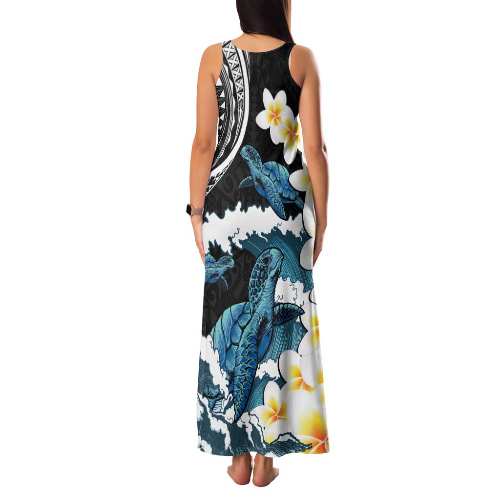 Black Polynesia Family Matching Tank Maxi Dress and Hawaiian Shirt Polynesian Frangipani With Sea Turtles