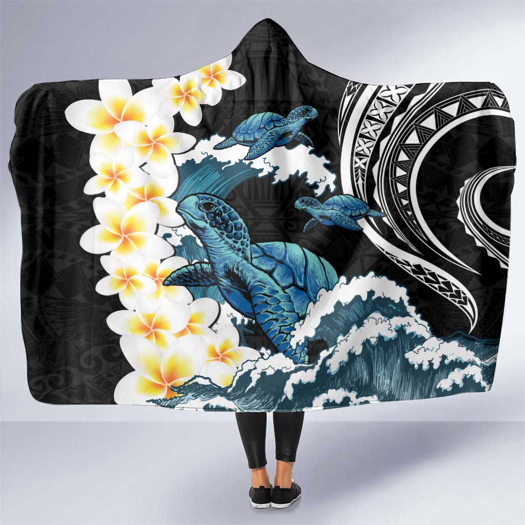 Black Polynesia Hooded Blanket Polynesian Frangipani With Sea Turtles