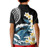 Black Polynesia Kid Polo Shirt Polynesian Frangipani With Sea Turtles