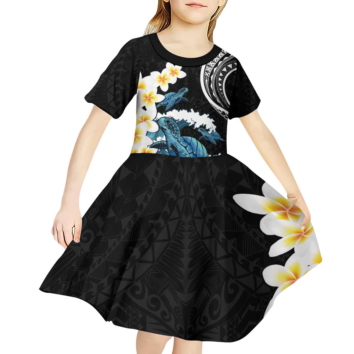 Black Polynesia Kid Short Sleeve Dress Polynesian Frangipani With Sea Turtles