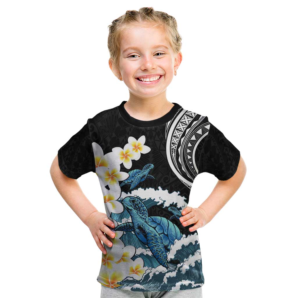 Black Polynesia Kid T Shirt Polynesian Frangipani With Sea Turtles