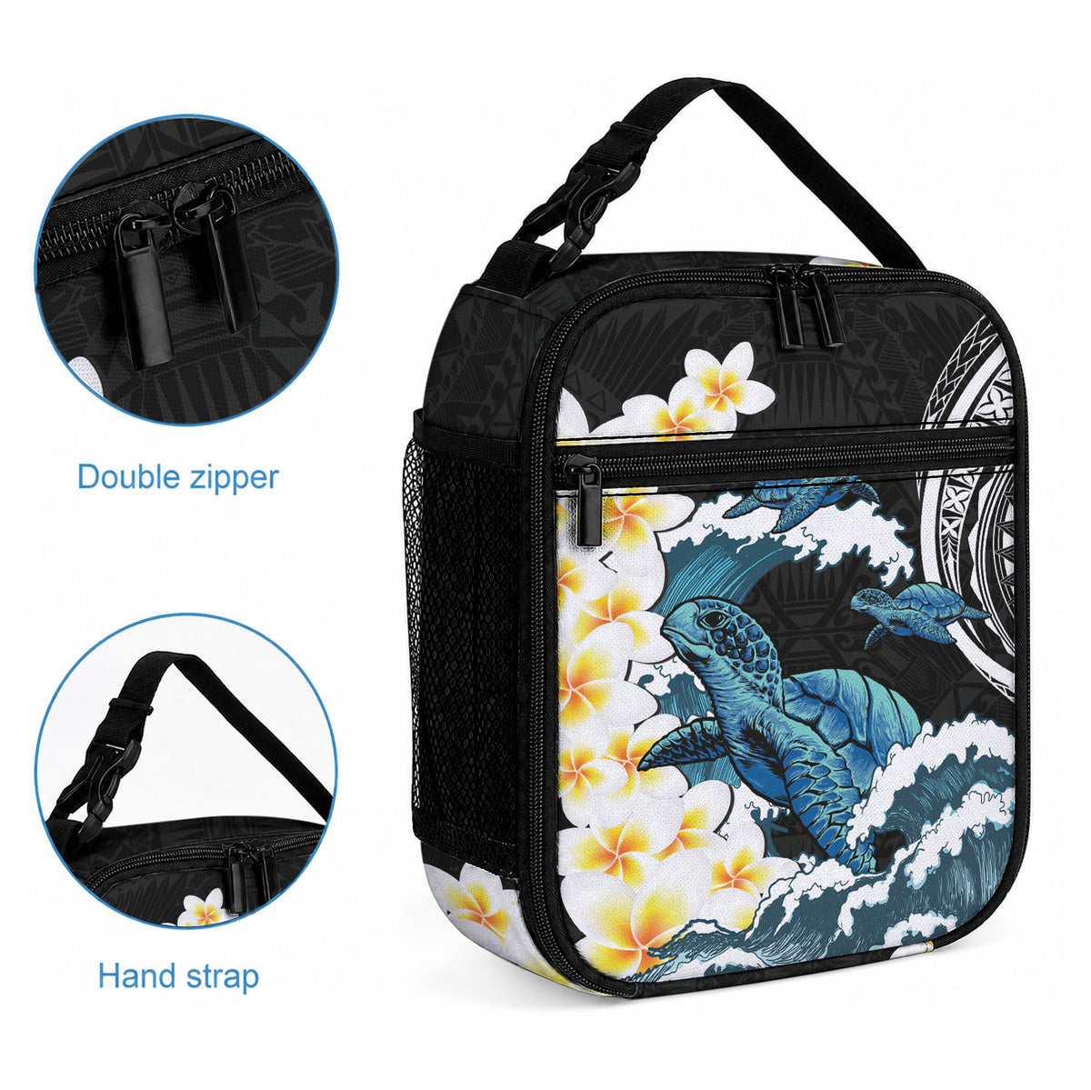 Black Polynesia Lunch Bag Polynesian Frangipani With Sea Turtles LT14 - Polynesian Pride