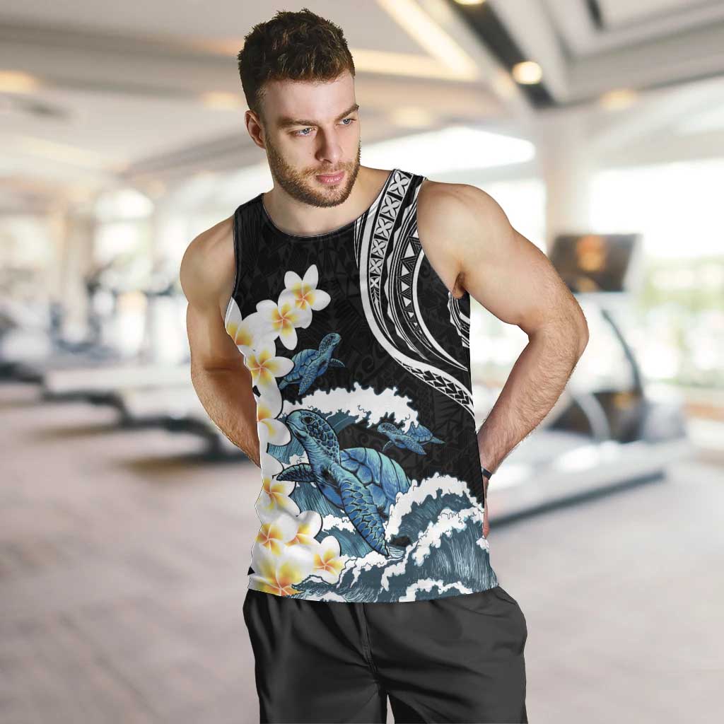 Black Polynesia Men Tank Top Polynesian Frangipani With Sea Turtles