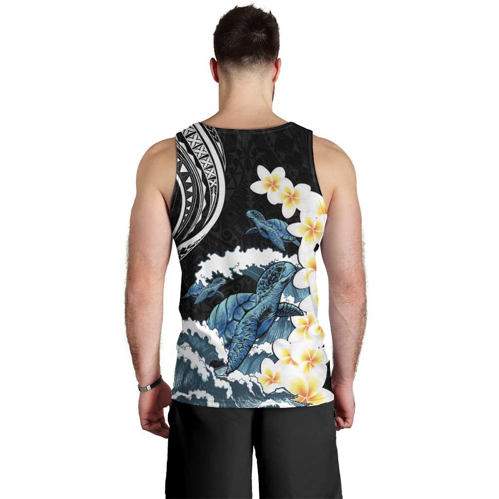 Black Polynesia Men Tank Top Polynesian Frangipani With Sea Turtles