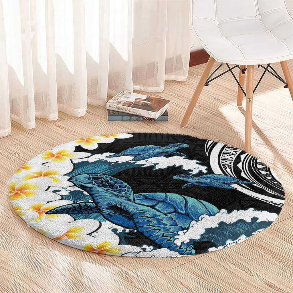 Black Polynesia Round Carpet Polynesian Frangipani With Sea Turtles
