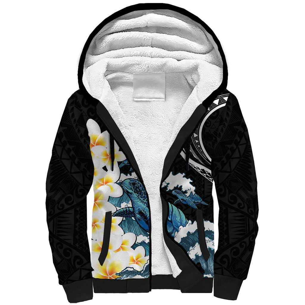 Black Polynesia Sherpa Hoodie Polynesian Frangipani With Sea Turtles