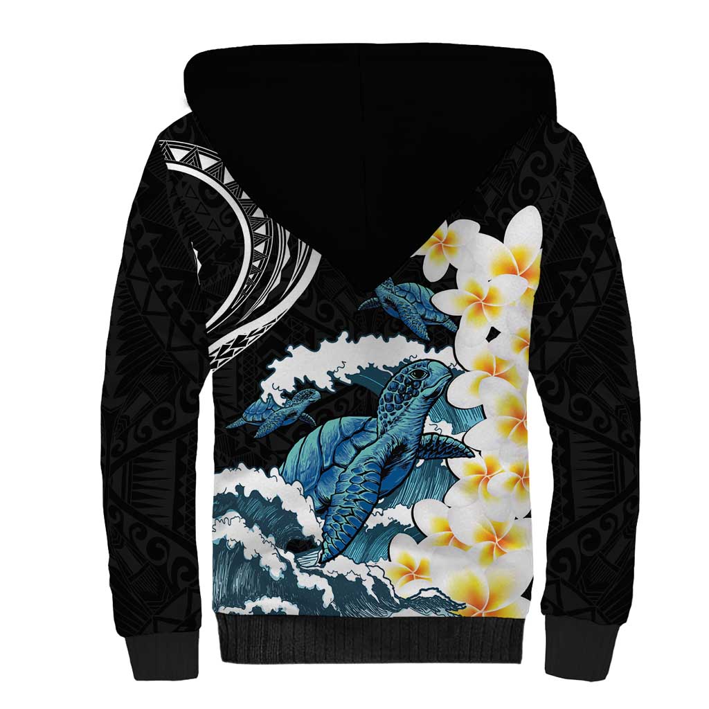 Black Polynesia Sherpa Hoodie Polynesian Frangipani With Sea Turtles