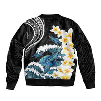 Black Polynesia Sleeve Zip Bomber Jacket Polynesian Frangipani With Sea Turtles