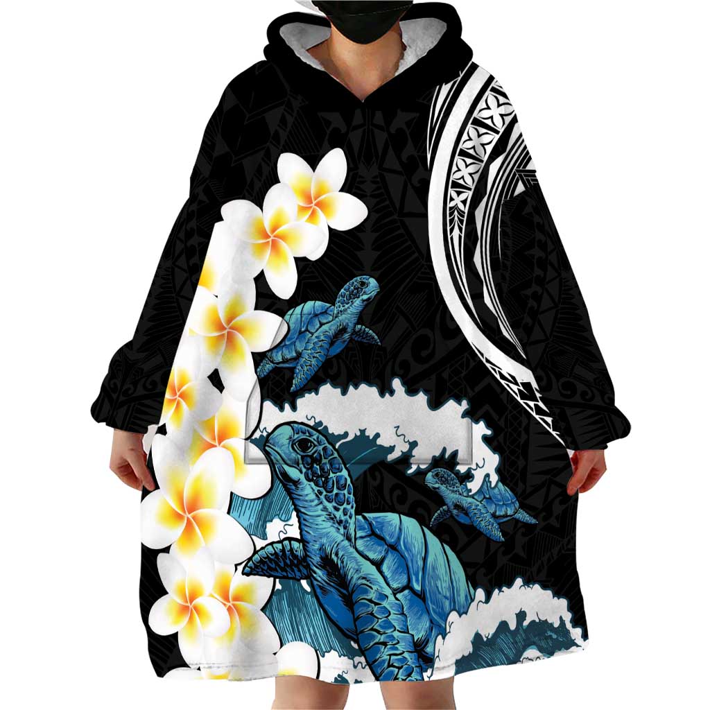 Black Polynesia Wearable Blanket Hoodie Polynesian Frangipani With Sea Turtles
