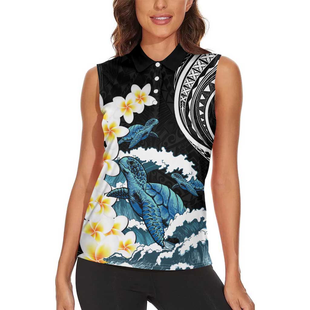 Black Polynesia Women Sleeveless Polo Shirt Polynesian Frangipani With Sea Turtles