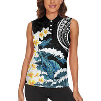 Black Polynesia Women Sleeveless Polo Shirt Polynesian Frangipani With Sea Turtles