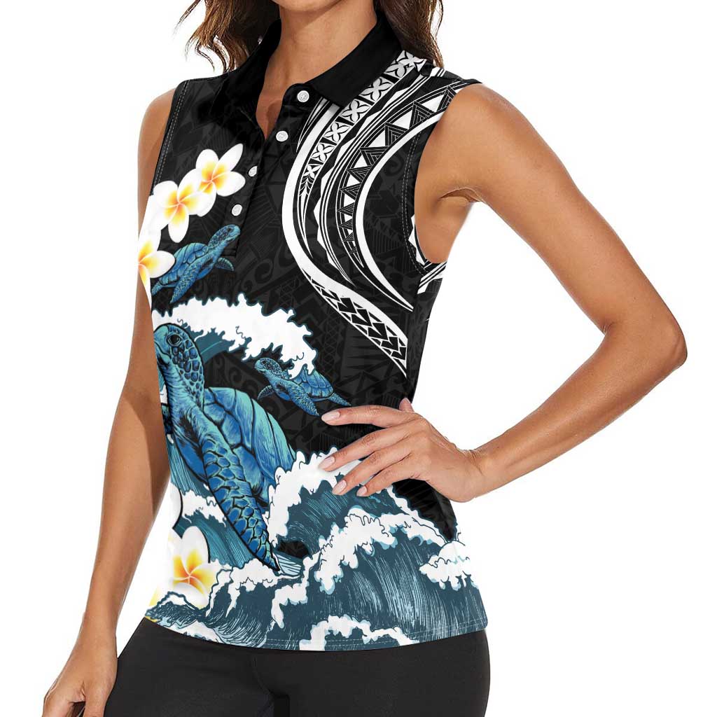 Black Polynesia Women Sleeveless Polo Shirt Polynesian Frangipani With Sea Turtles