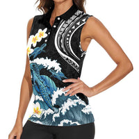 Black Polynesia Women Sleeveless Polo Shirt Polynesian Frangipani With Sea Turtles