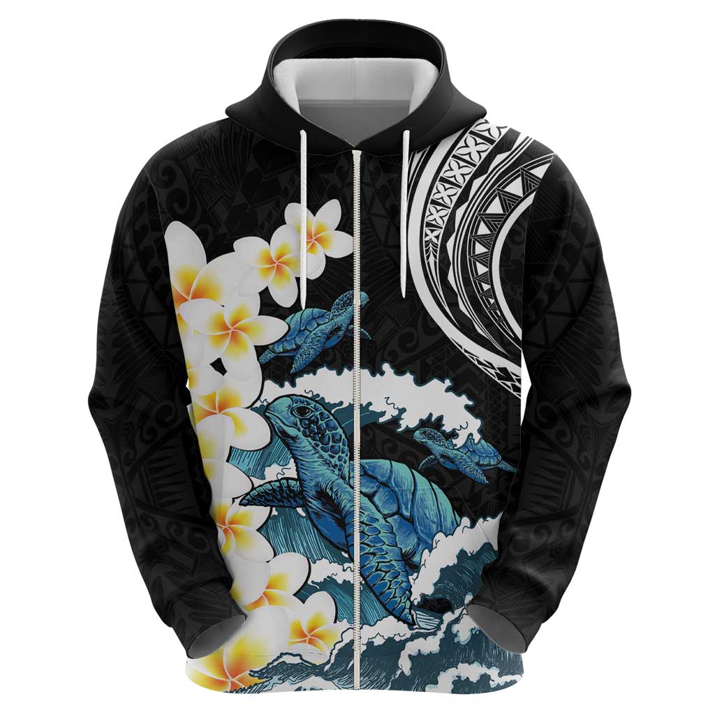 Black Polynesia Zip Hoodie Polynesian Frangipani With Sea Turtles