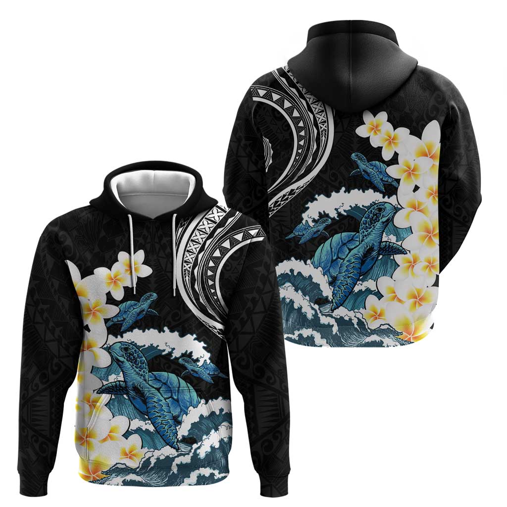 Black Polynesia Zip Hoodie Polynesian Frangipani With Sea Turtles
