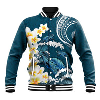 Dark Teal Polynesia Baseball Jacket Polynesian Frangipani With Sea Turtles