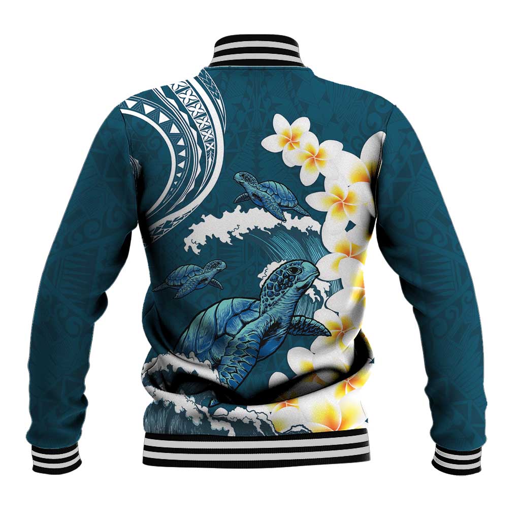 Dark Teal Polynesia Baseball Jacket Polynesian Frangipani With Sea Turtles