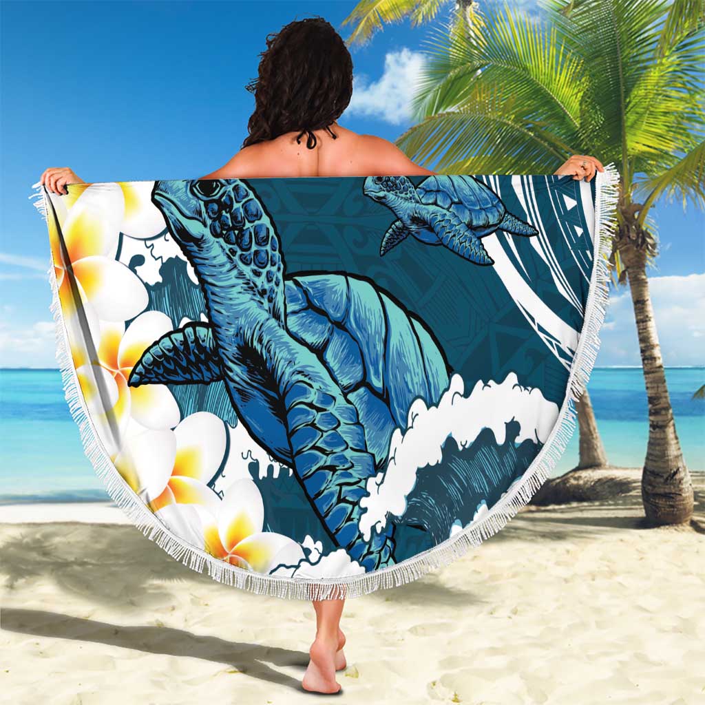 Dark Teal Polynesia Beach Blanket Polynesian Frangipani With Sea Turtles