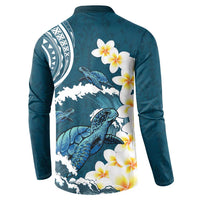 Dark Teal Polynesia Button Sweatshirt Polynesian Frangipani With Sea Turtles