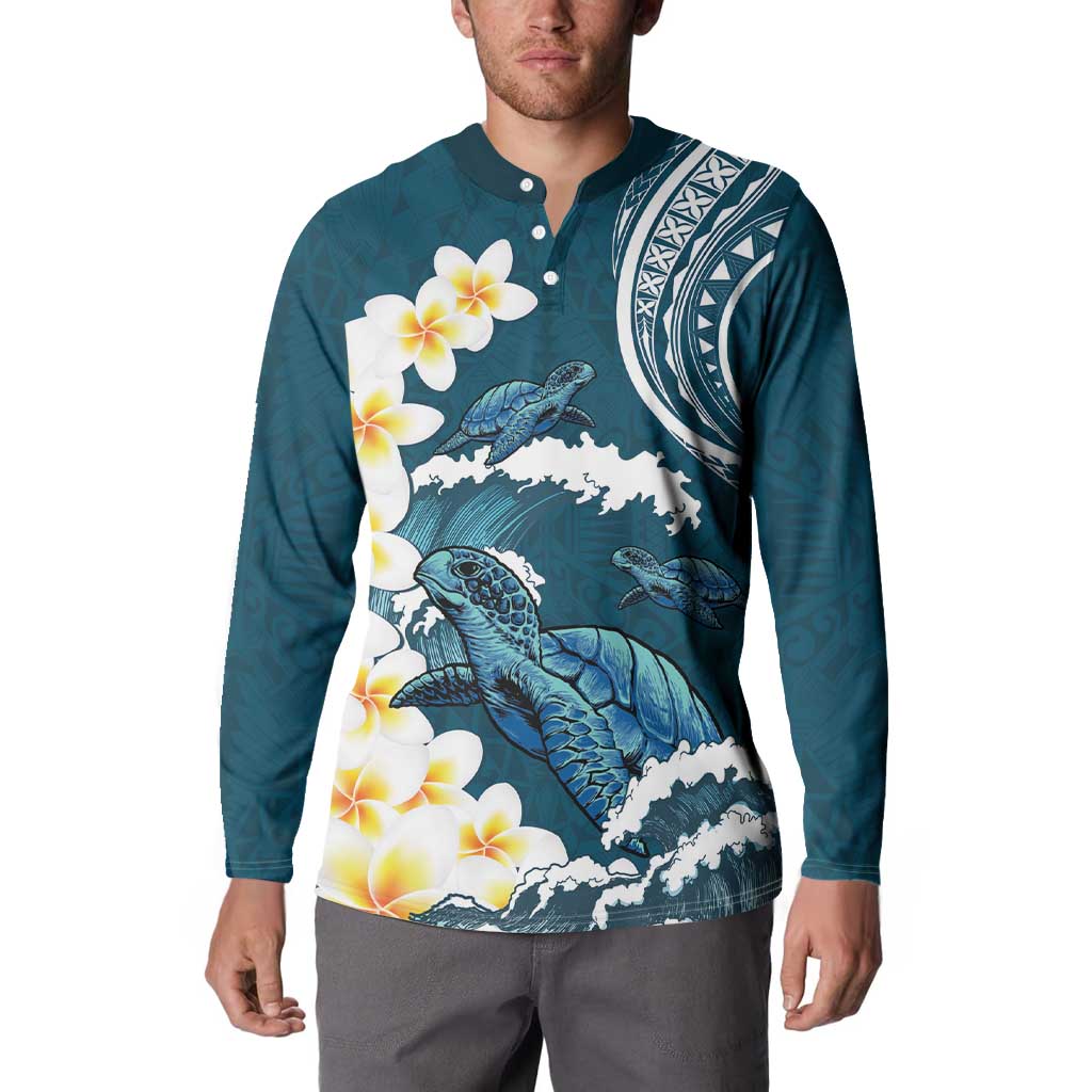 Dark Teal Polynesia Button Sweatshirt Polynesian Frangipani With Sea Turtles