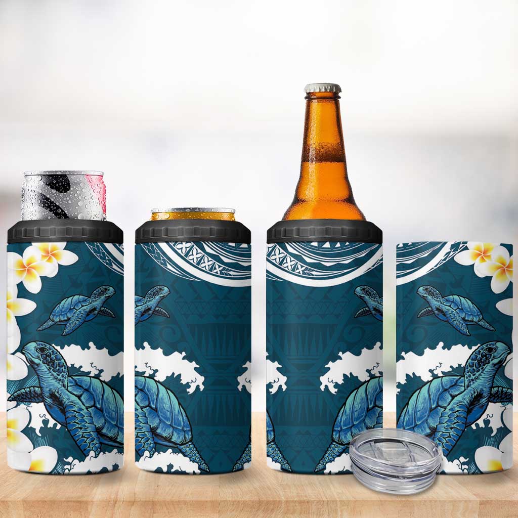 Dark Teal Polynesia 4 in 1 Can Cooler Tumbler Polynesian Frangipani With Sea Turtles