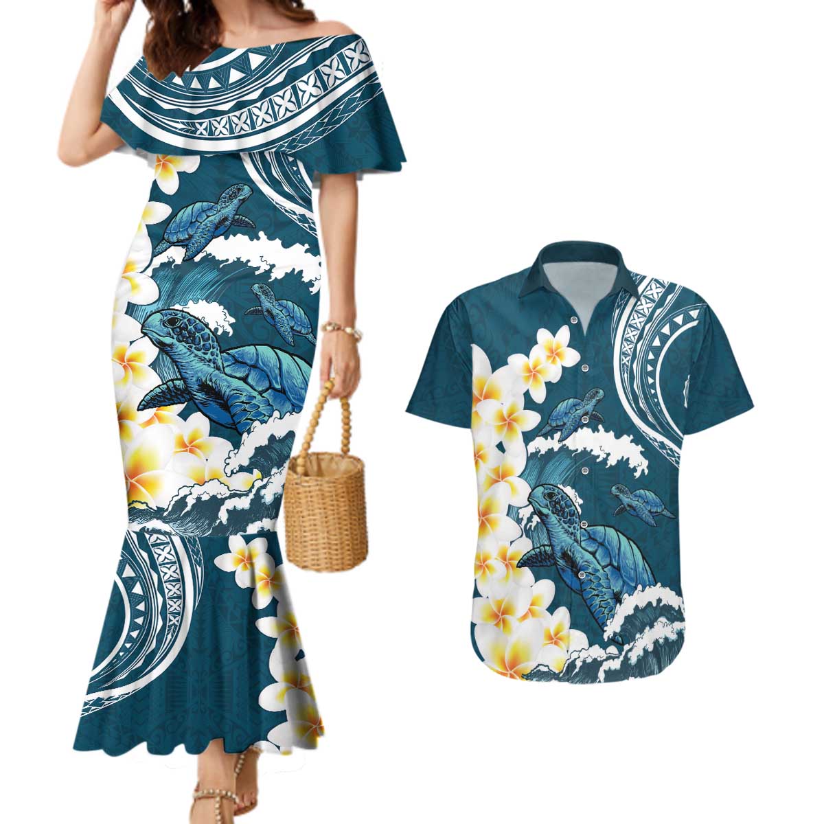 Dark Teal Polynesia Couples Matching Mermaid Dress and Hawaiian Shirt Polynesian Frangipani With Sea Turtles