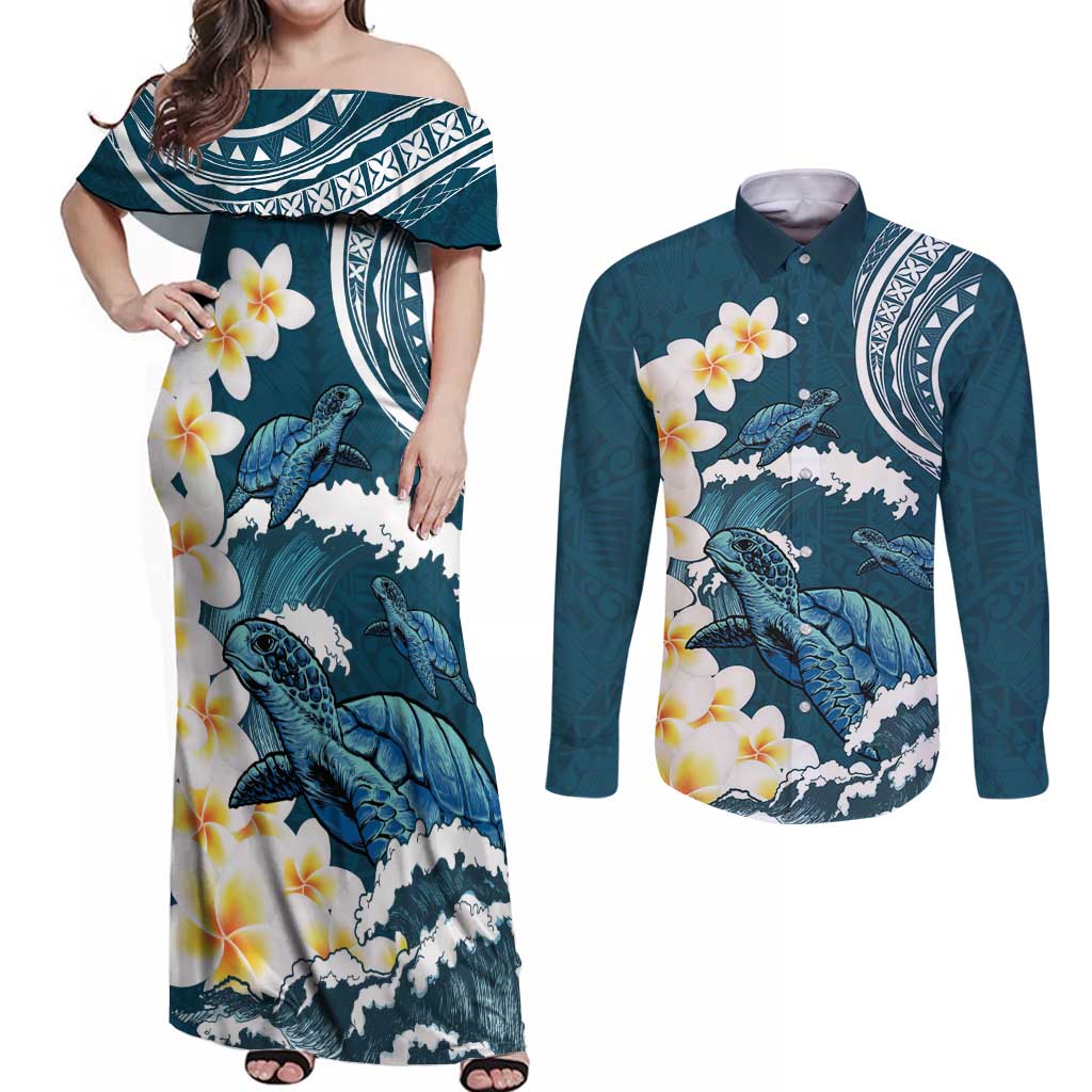 Dark Teal Polynesia Couples Matching Off Shoulder Maxi Dress and Long Sleeve Button Shirt Polynesian Frangipani With Sea Turtles
