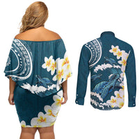 Dark Teal Polynesia Couples Matching Off Shoulder Short Dress and Long Sleeve Button Shirt Polynesian Frangipani With Sea Turtles