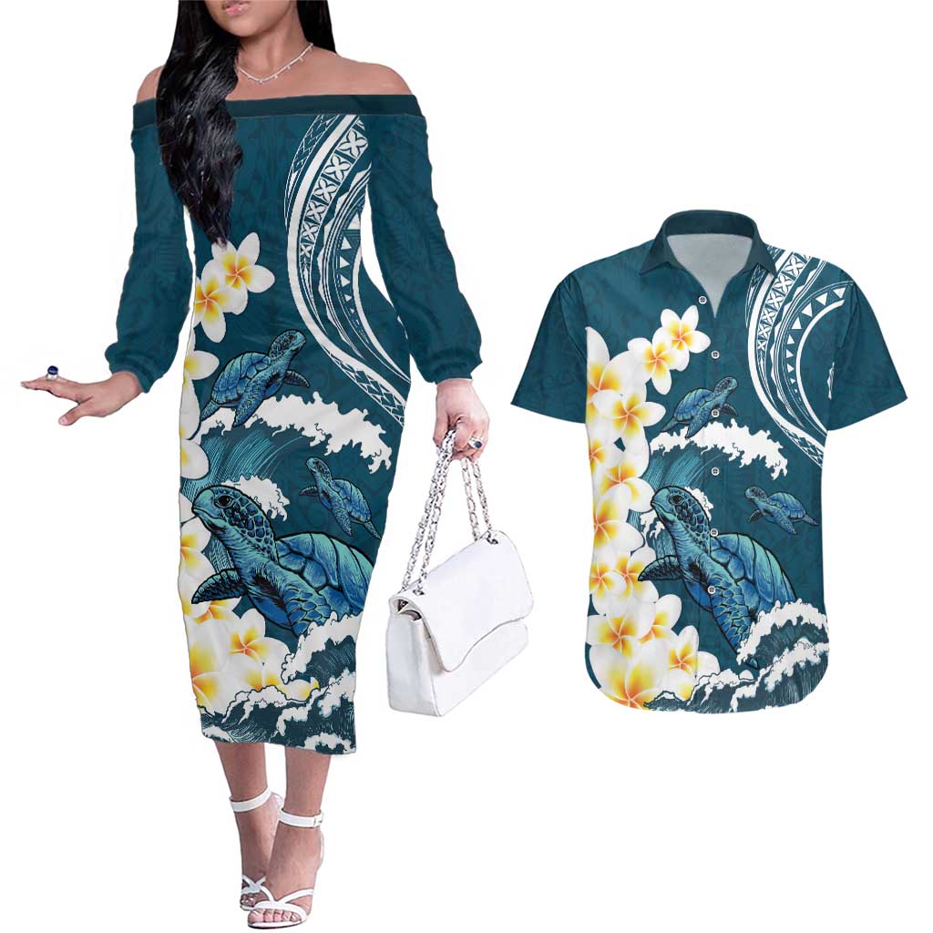 Dark Teal Polynesia Couples Matching Off The Shoulder Long Sleeve Dress and Hawaiian Shirt Polynesian Frangipani With Sea Turtles