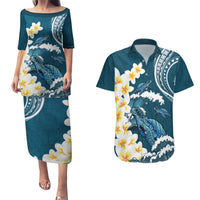 Dark Teal Polynesia Couples Matching Puletasi and Hawaiian Shirt Polynesian Frangipani With Sea Turtles