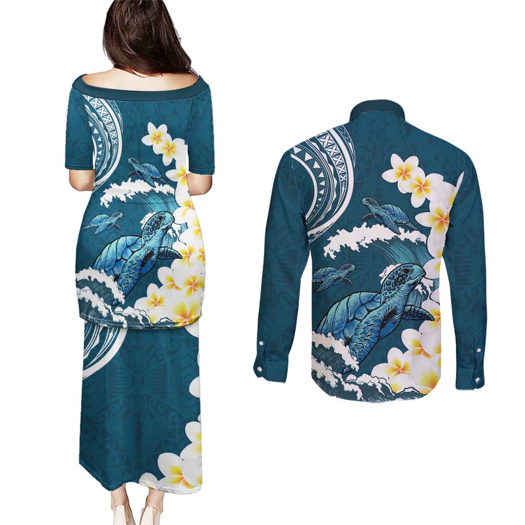 Dark Teal Polynesia Couples Matching Puletasi and Long Sleeve Button Shirt Polynesian Frangipani With Sea Turtles