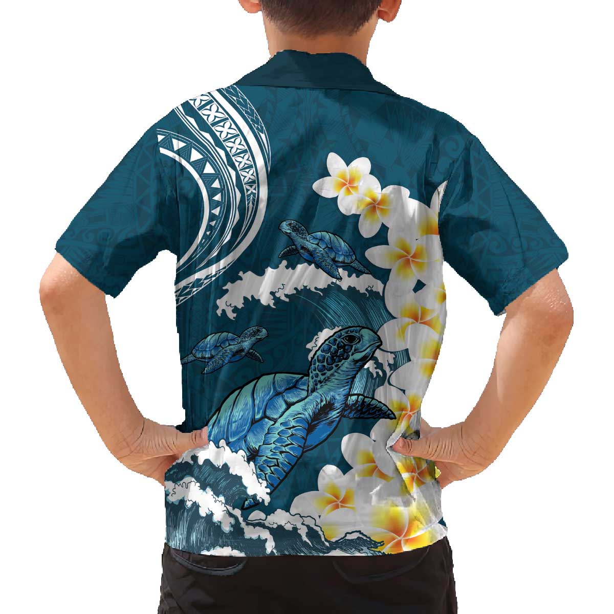 Dark Teal Polynesia Family Matching Puletasi and Hawaiian Shirt Polynesian Frangipani With Sea Turtles