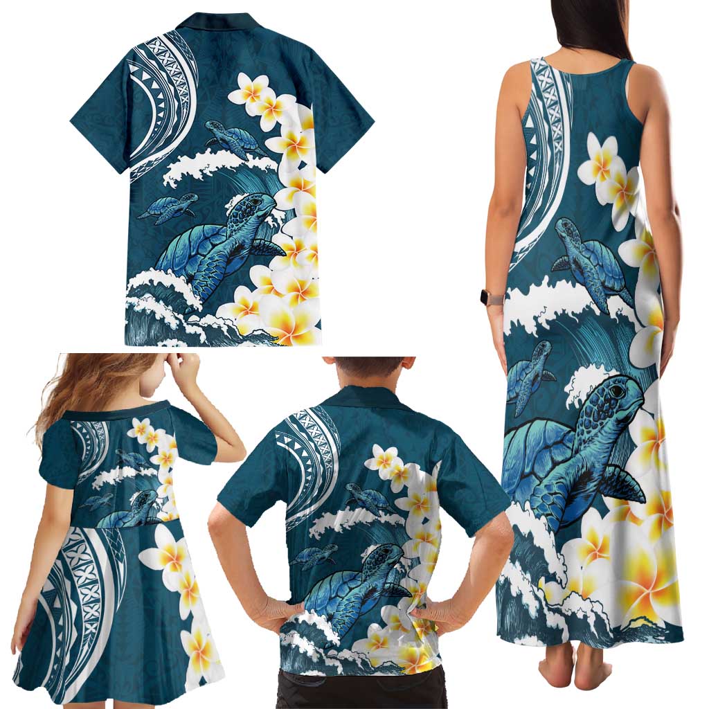 Dark Teal Polynesia Family Matching Tank Maxi Dress and Hawaiian Shirt Polynesian Frangipani With Sea Turtles