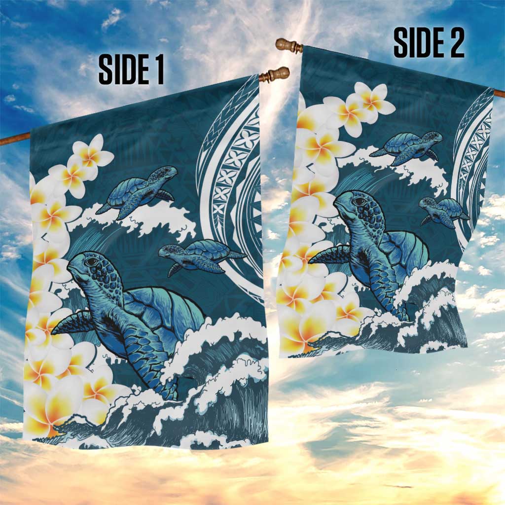 Dark Teal Polynesia Garden Flag Polynesian Frangipani With Sea Turtles