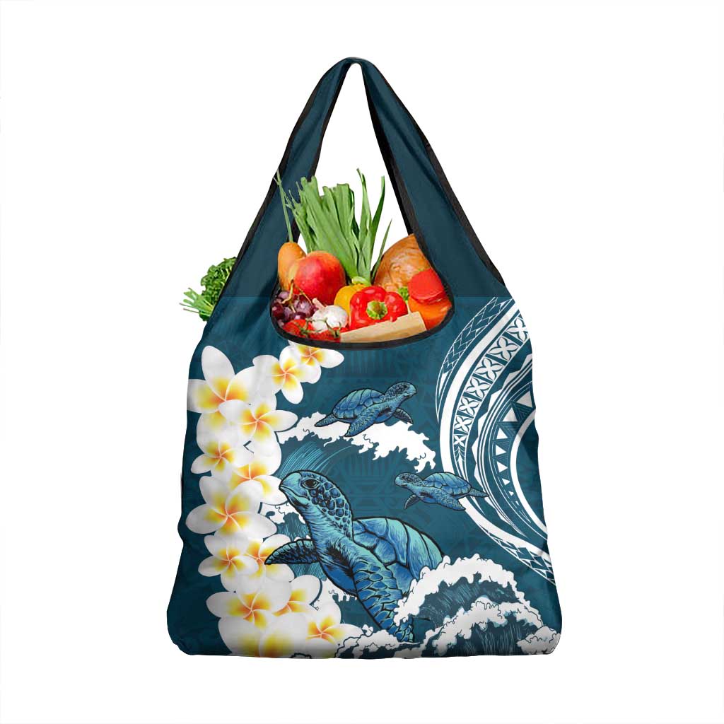Dark Teal Polynesia Grocery Bag Polynesian Frangipani With Sea Turtles