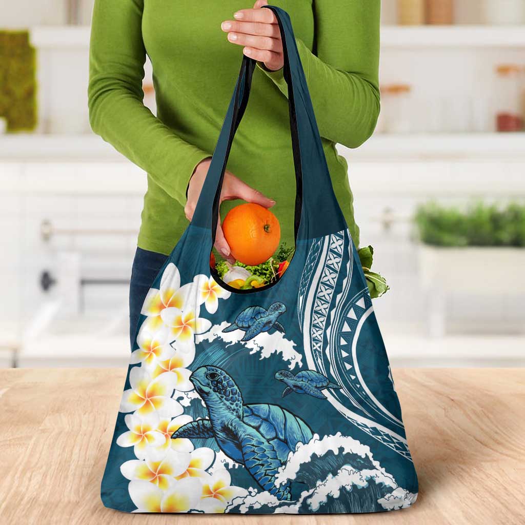 Dark Teal Polynesia Grocery Bag Polynesian Frangipani With Sea Turtles