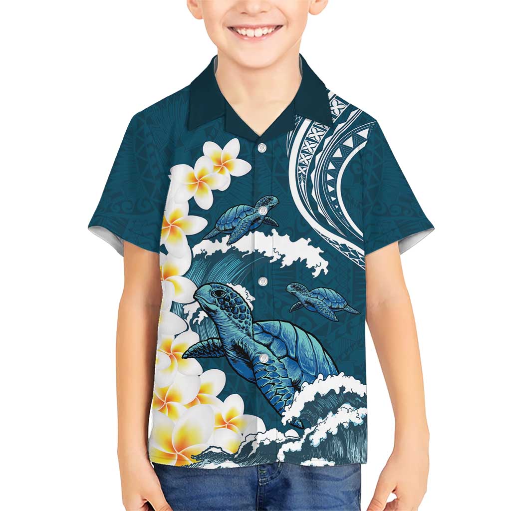 Dark Teal Polynesia Kid Hawaiian Shirt Polynesian Frangipani With Sea Turtles