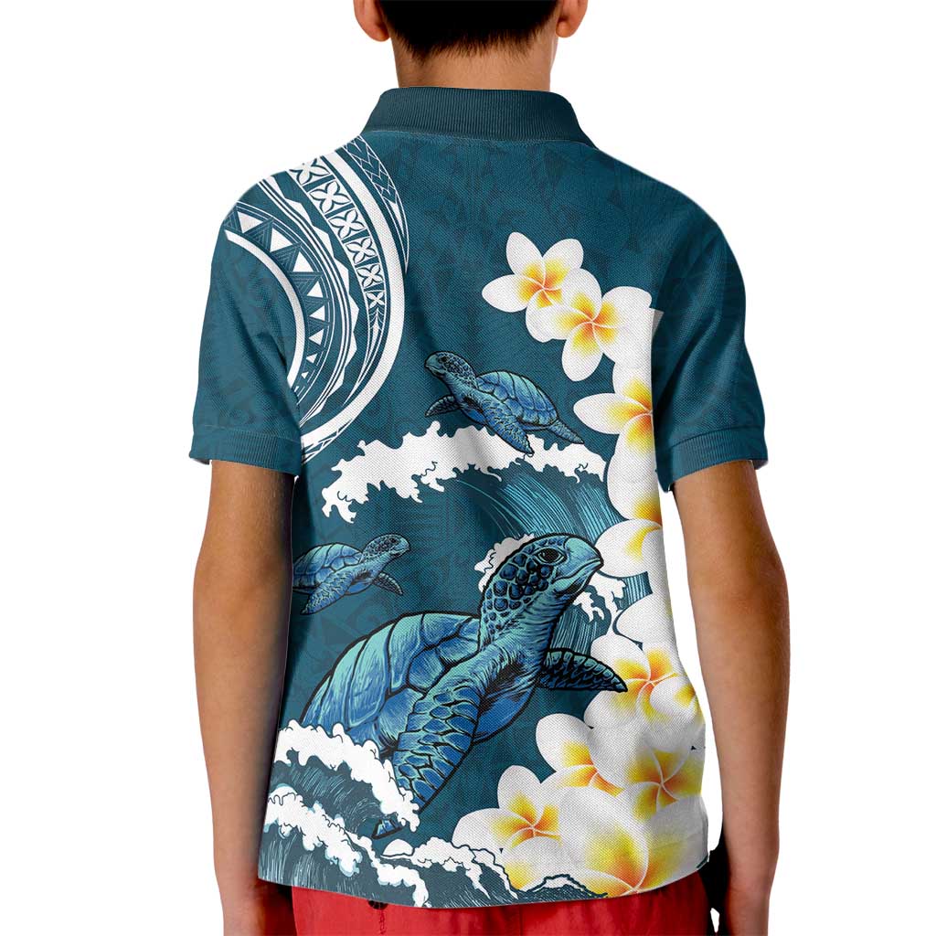 Dark Teal Polynesia Kid Polo Shirt Polynesian Frangipani With Sea Turtles