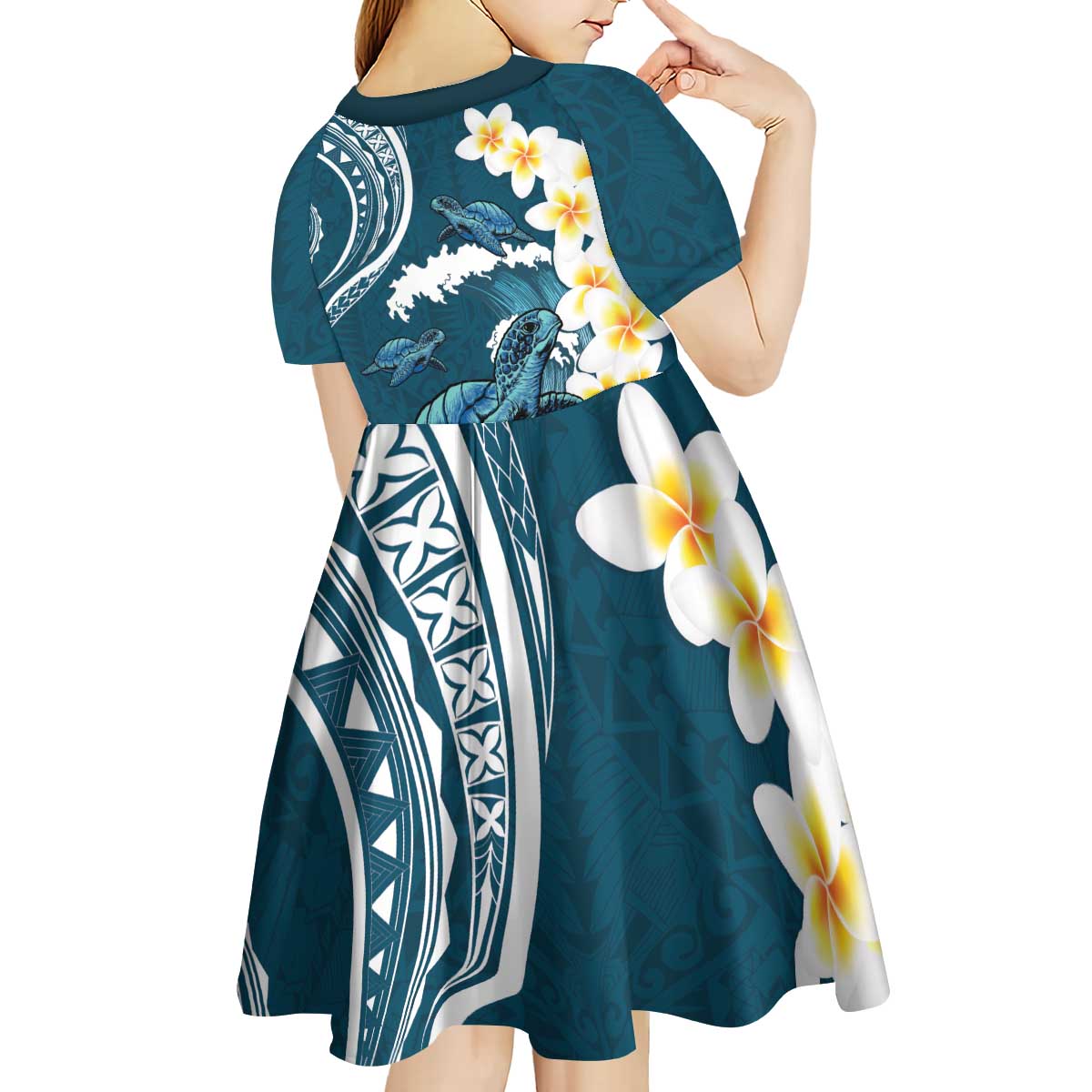Dark Teal Polynesia Kid Short Sleeve Dress Polynesian Frangipani With Sea Turtles