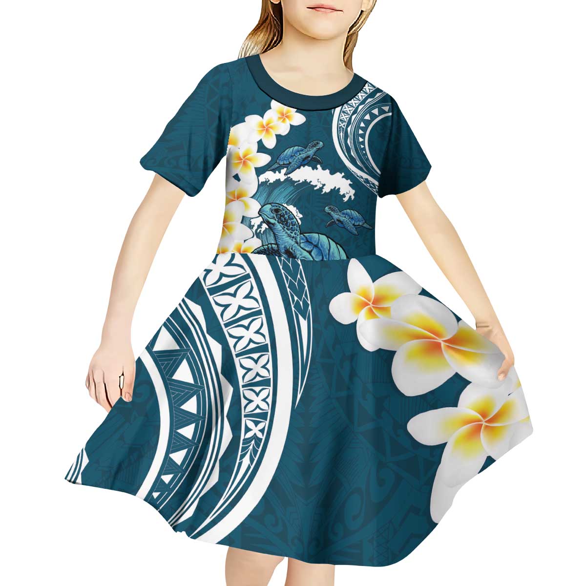 Dark Teal Polynesia Kid Short Sleeve Dress Polynesian Frangipani With Sea Turtles