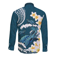 Dark Teal Polynesia Long Sleeve Button Shirt Polynesian Frangipani With Sea Turtles