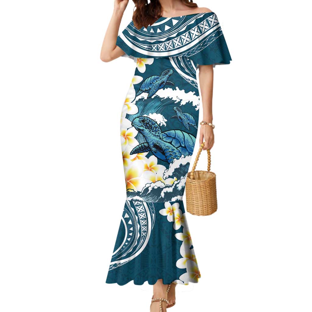 Dark Teal Polynesia Mermaid Dress Polynesian Frangipani With Sea Turtles