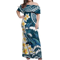 Dark Teal Polynesia Off Shoulder Maxi Dress Polynesian Frangipani With Sea Turtles