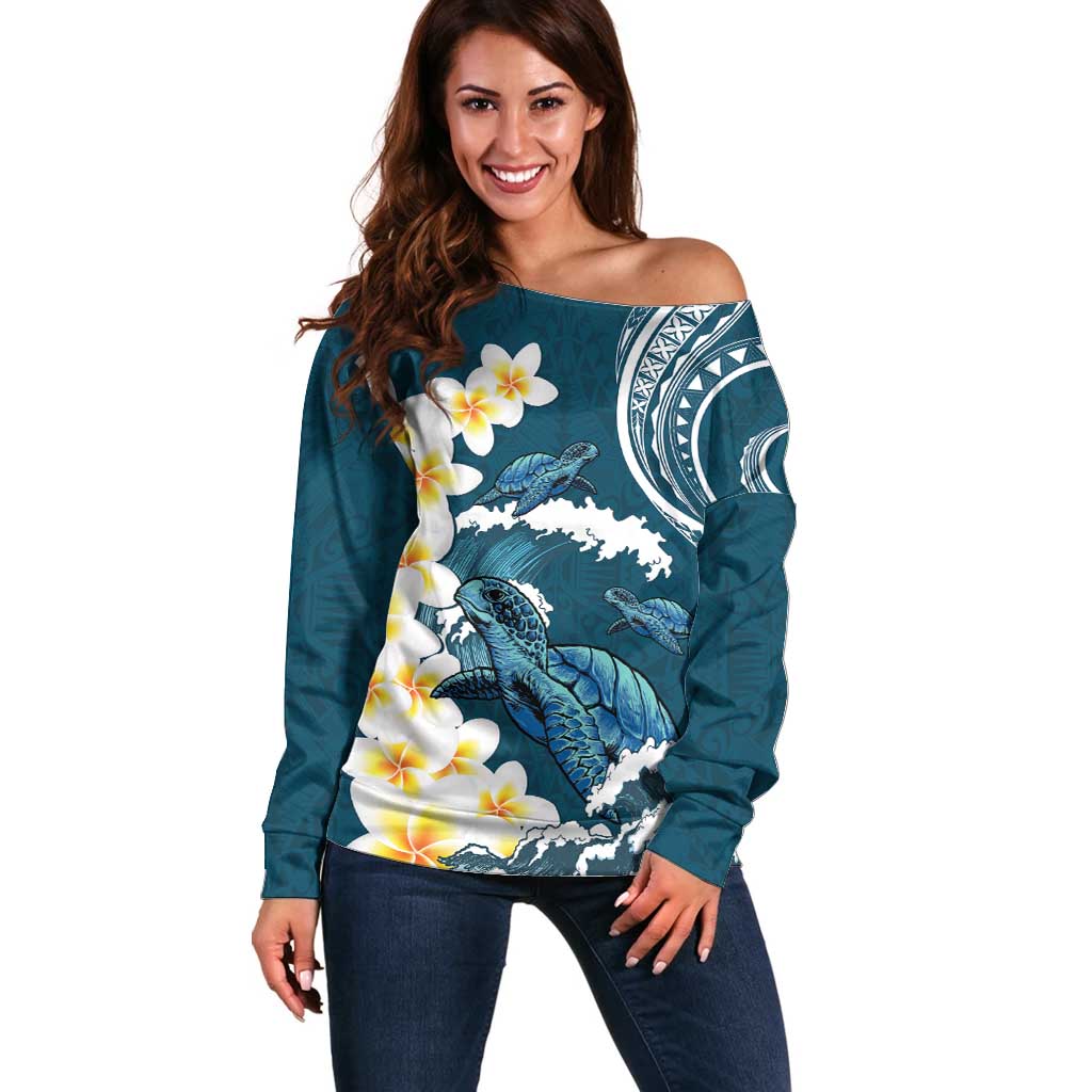 Dark Teal Polynesia Off Shoulder Sweater Polynesian Frangipani With Sea Turtles