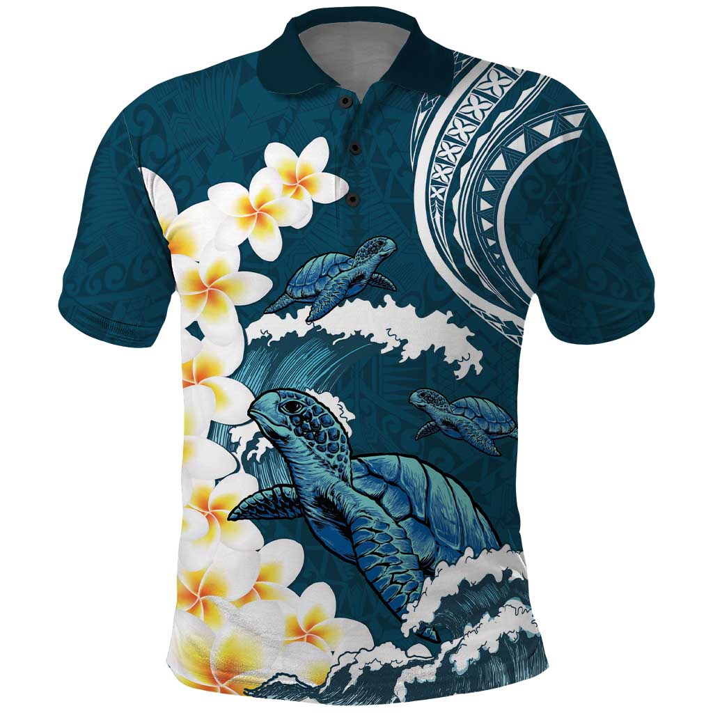 Dark Teal Polynesia Polo Shirt Polynesian Frangipani With Sea Turtles