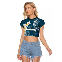 Dark Teal Polynesia Raglan Cropped T Shirt Polynesian Frangipani With Sea Turtles